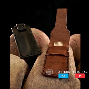 Puede incluir: Dos estuches de cuero, uno marrón y otro negro, con bordes cosidos. El estuche marrón tiene una solapa que se abre para revelar una fila de palillos de dientes. Los estuches están sobre una superficie marrón texturizada. El texto "PATTERN TUTORIAL" y "PDF" es visible en la imagen.