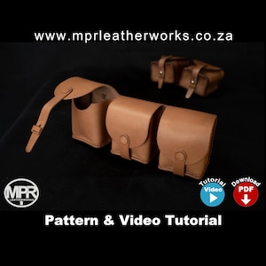 May include: A leather belt with four brown leather pouches. The belt has a strap that can be adjusted. The pouches are all the same size and have a flap that closes with a snap. The belt is on a black background. The text "www.mprleatherworks.co.za" is at the top of the image. The text "Pattern & Video Tutorial" is at the bottom of the image. There are two icons below the text, one for a video tutorial and one for a downloadable PDF.