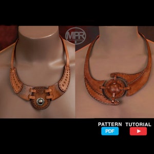 Könnte beinhalten: Zwei Lederhalsketten mit unterschiedlichen Designs. Die Halskette links hat eine abgerundete Form mit einem kleinen Metallakzent. Die Halskette rechts hat eine eckigere Form mit einem kreisförmigen Akzent.