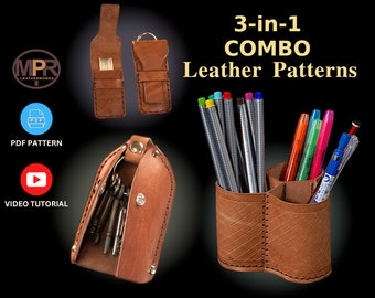 COMBO 3-in-1 Easy Leather Projects PDF patterns and Video Tutorials: 3 patterns in 1 buy | Instant Digital Download | Keyrings + Pen Holder