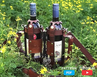 Wine bag leather pattern: 1 Bottle shoulder bag 2 Bottle shoulder bag Video tutorial A4 Pdf download DIY Wine bottle holder leather pattern