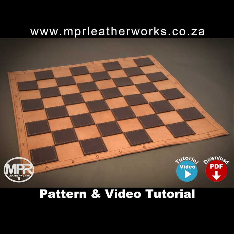 Leather chess set: Printable PDF pattern and video tutorial by MPR Leatherworks. Leather chess board and all chess pieces in leather. Unique leather pattern for hand stitching. Digital download PDF leather craft pattern.