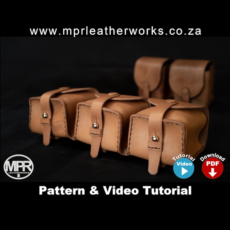 May include: Three brown leather pouches with stitching detail and metal snaps, lined up in a row. The pouches are for sale with a pattern and video tutorial available for download. The website www.mprleatherworks.co.za is displayed at the top of the image.