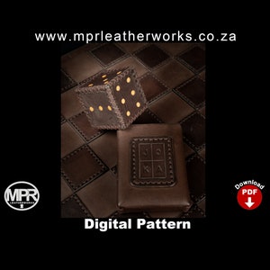 May include: A brown leather dice box with gold accents and a stitched design. The box is sitting on a brown and white checkered surface. The text "Digital Pattern" is below the box. The text "Download PDF" is in the bottom right corner of the image.