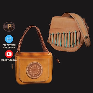 Puede incluir: Dos bolsos de cuero, uno con una correa trenzada y un diseño de mandala, el otro con una solapa con flecos y un ribete turquesa. Ambos bolsos son marrones y tienen un aspecto rústico y hecho a mano. La imagen incluye el texto "PDF PATTERN A4 & LETTER" y "VIDEO TUTORIAL".