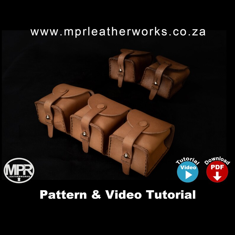 May include: A brown leather pouch with three compartments, each with a flap and a snap closure. The pouch is made of high-quality leather and has a stitched design. The image also includes a website address, "www.mprleatherworks.co.za", and the text "Pattern & Video Tutorial".