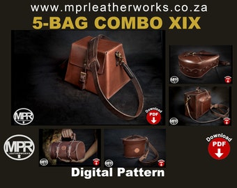 Combo XIX: 5-in-1 Kombination aus Ledertaschen-Mustern. Sofortiger PDF-Muster-Download. Handgenähte Lederprojekte.