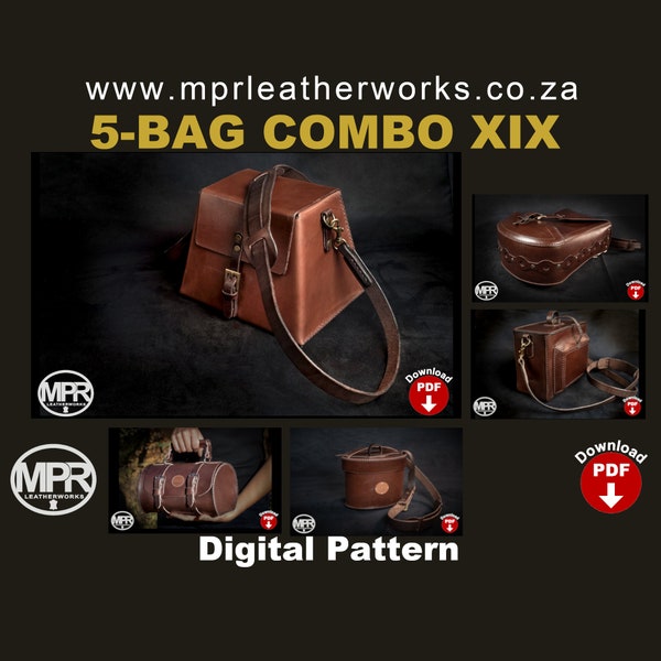 Combo XIX: 5-in-1 combo of Leather Bag Patterns. Instant PDF Pattern Download. Hand sewn leather projects.
