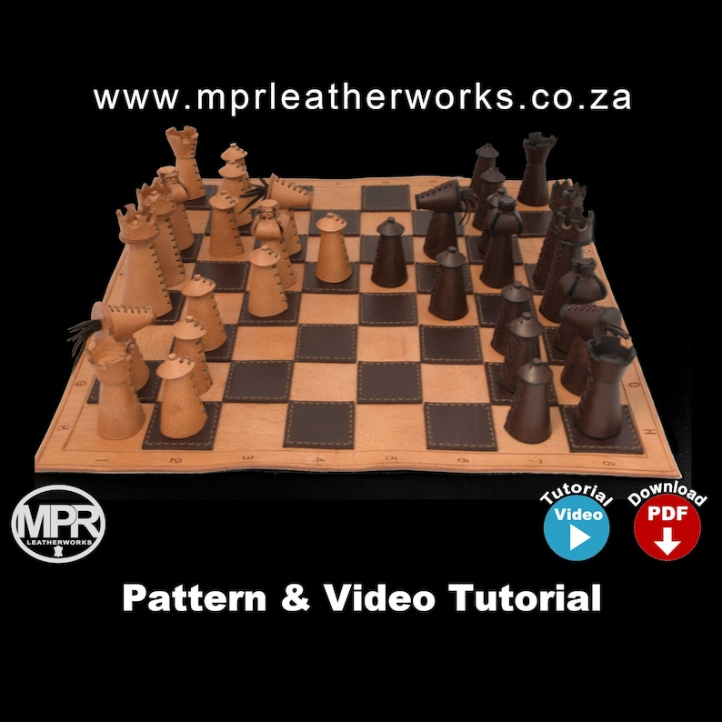 Leather chess set: Printable PDF pattern and video tutorial by MPR Leatherworks. Leather chess board and all chess pieces in leather. Unique leather pattern for hand stitching. Digital download PDF leather craft pattern.