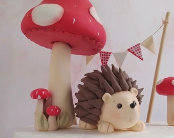 Hedgehog cake toppers with red mushrooms, woodland animals, porcupine cake decorations, forest first birthday party