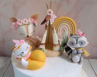 Woodland Animal Cake Topper, Made of Fondant, Forest animals cake decorations: deer, fox, raccoon, vigvam with flowers, teepee boho party