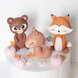 Woodland animals cake topper, Forest animals fondant decorations: deer, fox, bear, figurines, great for baby shower, birthday party