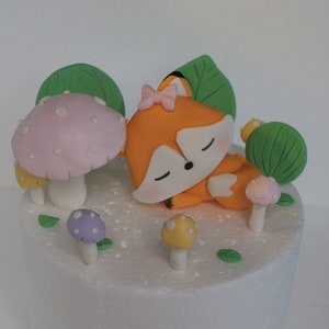 Sleeping fox fondant cute cake topper with mushrooms, leaves, bushes trees set, Woodland animals birthday decoration, girly birthday party