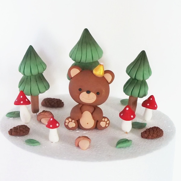 Bear cake topper fondant, Bear figure birthday party decoration, Woodland decoration: mushrooms, pine cones, acorns, leaves, pine tree