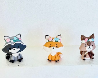 Woodland animals cake toppers deer fox bear squirrel  birthday party pine edible decoration figurines baby shower 1 year centrepiece 3D fall