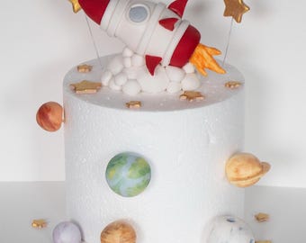 Rocket Cake Topper, Planets Cake Topper, Astronaut Cake Topper Decorations Made of Fondant