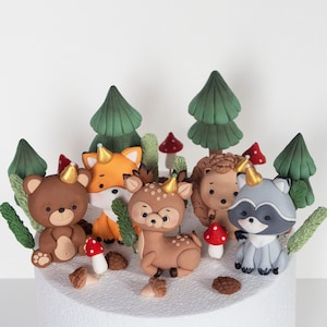 Woodland animal cake topper, Baby shower animals cake decorations, for birthdat party: deer, fox, bear, hedgehog, raccoon