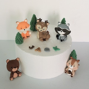 Woodland Animal Cake  topper, Fondant forest animals figurines birthday decorations, woodland creatures baby shower cake topper.