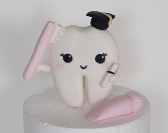 Graduation Cake Topper, Tooth with/without cap with diploma and toothpaste, Made of fondant, Dentist cake topper