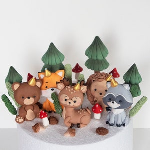 Woodland Animals Fondant in party hats cake topper, Forest animals cake decorations, for birthday party: deer, fox, bear, hedgehog, raccoon