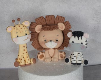 Safari Animal Cake Topper, Made of Fondant, Jungle cake toppers: Lion, Giraffe, Zebra, baby shower birthday party, wild one party decoration