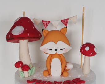 Fox Cake Topper with red mushrooms, Fondant woodland animals, Fox cake decorations, forest first birthday party, baby shower cake topper