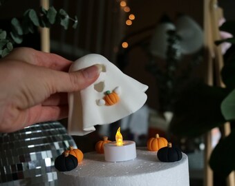 Ghost fondant cake topper with led candle, halloween edible fall decorations, black pumpkins spooky gold 3D figurine autumn thanksgiving