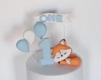 Fox Cake Topper, Fondant Sleeping Fox, with balloons, number, banner, Woodland animal birthday party decoration