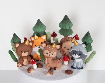 Woodland Animals Fondant in party hats cake topper, Forest animals cake decorations, for birthday party: deer, fox, bear, hedgehog, raccoon