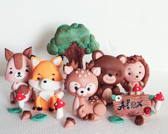 Fondant Woodland animals cake topper, Forest animals cake decorations: deer, fox, squirrel, bear, hedgehog, raccoon figurines, mushroom name