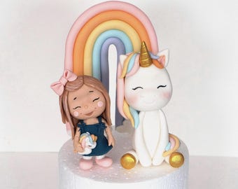 Unicorn Cake Topper, Rainbow Birthday Party Decor, Girl cake topper, Doll cake topper, Made of Fondant Decoration Fugures