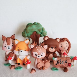Fondant Woodland animals cake topper, Forest animals cake decorations: deer, fox, squirrel, bear, hedgehog, raccoon figurines, mushroom name