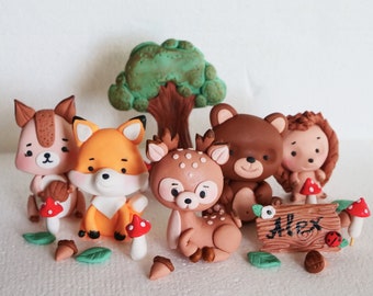Woodland animal cake topper, Made of Fondant, Forest animals fondant decorations: deer, fox, squirrel, bear, hedgehog, raccoon figurines