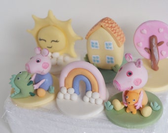 Peppa pig fondant cupcake toppers, set of 6, peppa pig birthday party decoration, George pig family cake topper