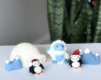 Winter cake toppers Wonderland arctic animals Yeti igloo edible figure sugar figurine onederland penguin birthday party christmas snowflakes