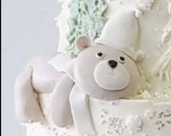 Fondant Bear laying in hat cake topper, teddy bear cake topper, bear figurine cake decoration, bear boy girl baby shower