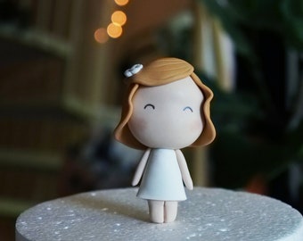 Fondant Girl Cake Topper, Minimalist style cake, Girl birthday party decorations, Baby girl cake topper, 3D fondant clay figurine doll