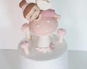 Fairy on a Mushroom Cake Topper, Made of Fondant, Fairy garden Birthday Party Decoration