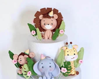 Safari Animal Cake Topper, Fondant Jungle cake decoration, baby shower, birthday party, Lion, Giraffe, Tiger, Elephant, Monkey, Zebra, Hippo