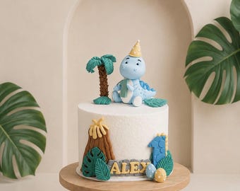 T-Rex Dinosaur Fondant Cake Topper, Baby Blue Dino, Tropical Birthday Party