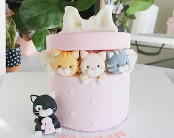 Cat Cake Topper, Fondant Cake Box with 3 cat heads,  birthday party decoration, first baby shower for girl boy kitten animal black cat