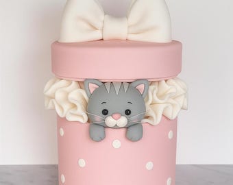 Cat Cake Topper, Fake Cake Box, with cat head made of fondant, birthday party first baby shower girl boy kitten animal pet home