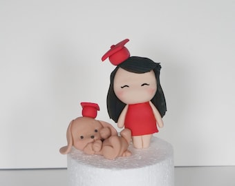 Graduation Girl Cake Topper, made of fondant, girl in cap with dog cake topper