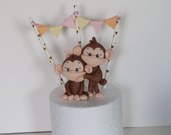 Monkey Cake Topper , Fondant Monkeys figure, monkey  birthday party, monkey cake with bananas, safari animals party decoration, jungle cake