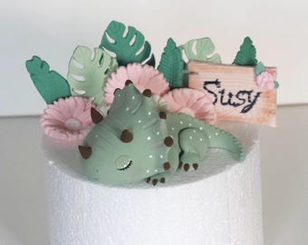 Dinosaur Cake Topper, Triceratop Green/Pink Topper, made of Fondant, centerpiece edible Dino baby shower, Dinosaur birthday party decor