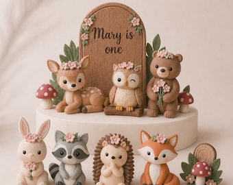Woodland Animal Fondant Cake Topper Set, Forest Creatures Figurines (Deer, Fox, Bear, Owl, Raccoon, Hedgehog, Bunny)