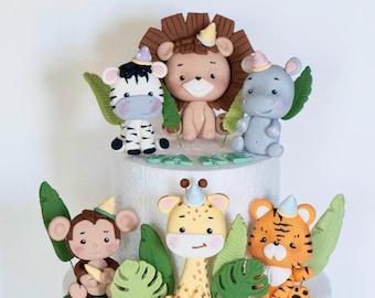 Safari Animal Cake Topper, Made of Fondant, Jungle topper: Lion, Giraffe, Tiger, Elephant, Monkey, Zebra, Hippo, for birthday,tropica leaves