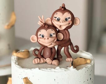 Monkey Cake Topper , Fondant Monkeys figure, monkey  birthday party, monkey cake with bananas, safari animals party decoration, jungle cake