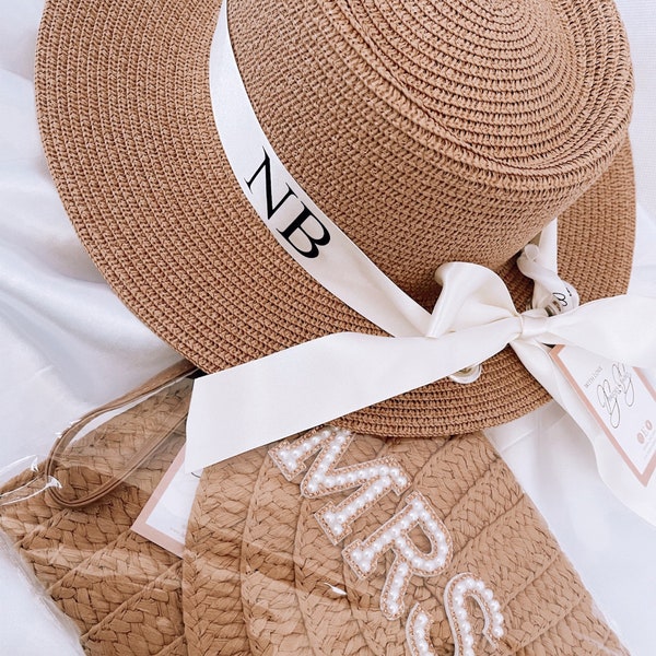 Ladies Personalised Pearl Fedora Panama Hat. Straw Beach Hat. Holiday Hen Party Honeymoon Gift Bridal Wife Mrs Bridesmaid Monogram Ribbon