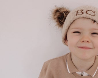 Personalised Embroidered Double Pom Pom Knit Hat | Winter Wooly Hat | Christmas Gift | Childrens Infants Adults Twinning Sets | Heavy Knit